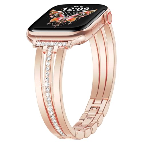 V.R.HOPE Damen schlank Metall Ersatzarmband Kompatibel mit Apple Watch Armband 44mm 45mm 49mm 46mm 42mm, Glitzernde Kristallpartikel Dekoration, für iWatch Series 10 9 8 7 SE 6 5 4 3 2 1 - Rose gold V.R.HOPE Damen schlank Metall Ersatzarmband Kompatibel mit Apple Watch Armband 44mm 45mm 49mm 46mm 42mm, Glitzernde Kristallpartikel Dekoration, für iWatch Series 10 9 8 7 SE 6 5 4 3 2 1 - Rose gold von V.R.HOPE