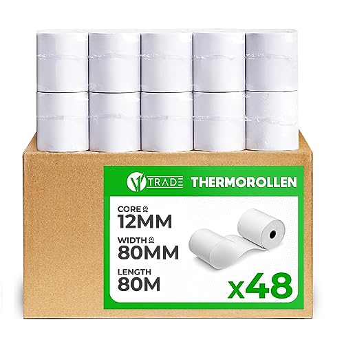 V1 Trade Thermorollen 80mm x 80m x 12mm (48 Stück) - Kassenrollen 80mm Thermo für Registrierkasse - EC Rollen aus Thermopapier 42 g / m2 - Bonrollen Thermo 80mm für Bondrucker - BPA Frei von V1 TRADE