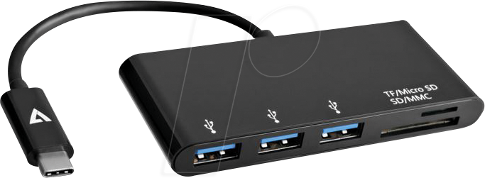 V7 UC3UHUBBLK1E - USB 3.0 Hub mit Kabel, C auf 3x A von V7
