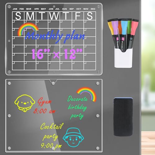 VABNEER 2 Stücke Magnetisch Wochenplaner und Monatsplaner aus Acryl für Kühlschränke mit 6 Stücke löschbare Flüssigkreide und 1 Whiteboard Radiergummi von VABNEER