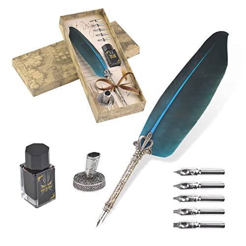 VABNEER Schreibfeder Kalligraphie Feder Vintage Federstift Tinte Set Antiken Feder Kalligraphie Stift für den Selbstgebrauch (Wasserblau) von VABNEER