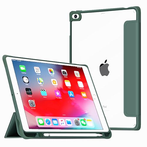 VAGHVEO Hülle für iPad 9.7 2018 2017 6. / 5. Generation/iPad Air 2 2014, iPad Air 1 2013 mit Stifthalter, Dreifach Stand Slim PU-Leder Case Cover mit Transparenter Rückseite Abdeckung, Dunkel Grün von VAGHVEO