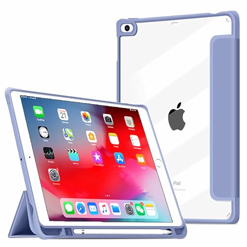 VAGHVEO Hülle für iPad 9.7 2018 2017 6. / 5. Generation/iPad Air 2 2014, iPad Air 1 2013 mit Stifthalter, Dreifach Stand Slim PU-Leder Case Cover mit Transparenter Rückseite Abdeckung, Grau Violett von VAGHVEO