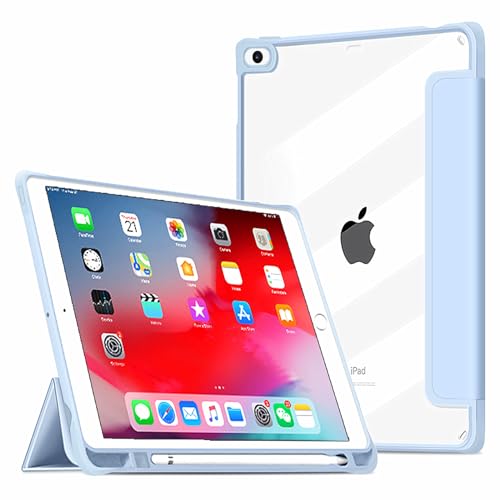 VAGHVEO Hülle für iPad 9.7 2018 2017 iPad 6. / 5. Generation/iPad Air 2 2014, iPad Air 1 2013 mit Stifthalter, Dreifach Stand Slim PU-Leder Case Cover mit Transparenter Rückseite Abdeckung, Hell Blau von VAGHVEO