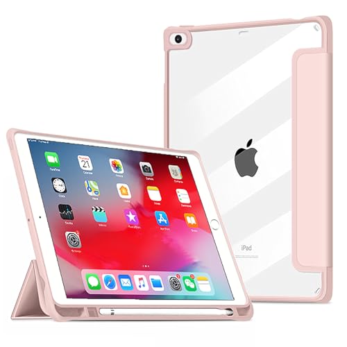 VAGHVEO Hülle für iPad 9.7 2018 2017 iPad 6. / 5. Generation/iPad Air 2 2014, iPad Air 1 2013 mit Stifthalter, Dreifach Stand Slim PU-Leder Case Cover mit Transparenter Rückseite Abdeckung, Pink von VAGHVEO