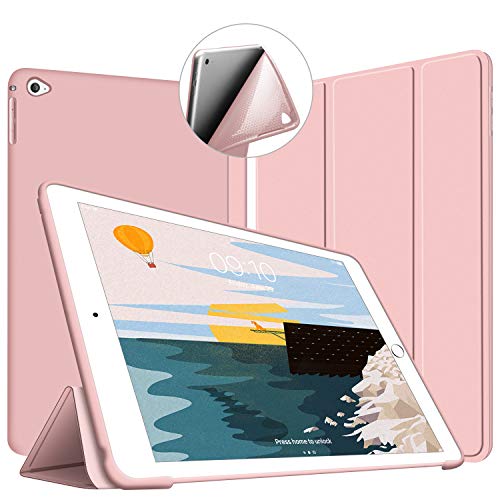 VAGHVEO Hülle für iPad Air 2 9,7 Zoll 2014 Dünne Leichtgewicht Ständer Schutzhülle [Auto Schlafen/Wecken] mit Flexibel Weicher TPU Rückseite Cover Leder Hüllen für Apple iPad A1566 / A1567, Pink von VAGHVEO