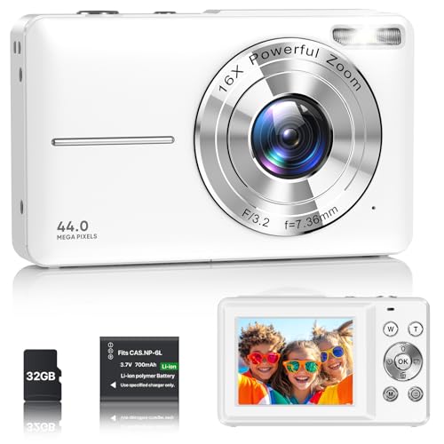Digitalkamera 1080P Fotokamera 44MP Kamera Fotoapparat Tragbare Kompaktkamera mit 2,4" LCD Bildschirm, 16X Digitalzoom, 32G Micro Speicherkarte, 1 Akku für Kinder Teenager Student Anfänger-Weiß Digitalkamera 1080P Fotokamera 44MP Kamera Fotoapparat Tragbare Kompaktkamera mit 2,4" LCD Bildschirm, 16X Digitalzoom, 32G Micro Speicherkarte, 1 Akku für Kinder Teenager Student Anfänger-Weiß von VAHOIALD