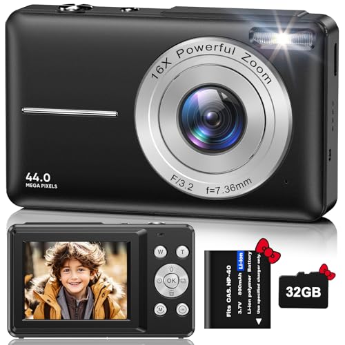 Digitalkamera Fotokamera HD 1080P 44MP, Fotoapparat mit 32GB Speicherkarte, Wiederaufladbare Kamera fotokamera mit 16X Digitalzoom digicam für Kinder, Erwachsene, Mädchen, Jungen(Schwarz) von VAHOIALD