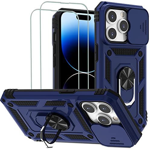 VAKS für iPhone 14 Pro Max 6,7 Zoll Hülle mit 2 Stück Schutzfolie,Ringständer und Verschiebbare Kameraabdeckung,Hochleistungsschutz Stoßfest Handyhülle, Blau von VAKS