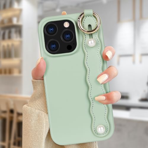 VALRION Kompatibel mit iPhone 15 Pro Max Handgelenkschlaufe-Schutzhülle mit Handgelenkband, Ständer, für Damen und Mädchen, schmal, weiches PU-Leder, DIY-Metallring, stoßfest, Grün von VALRION