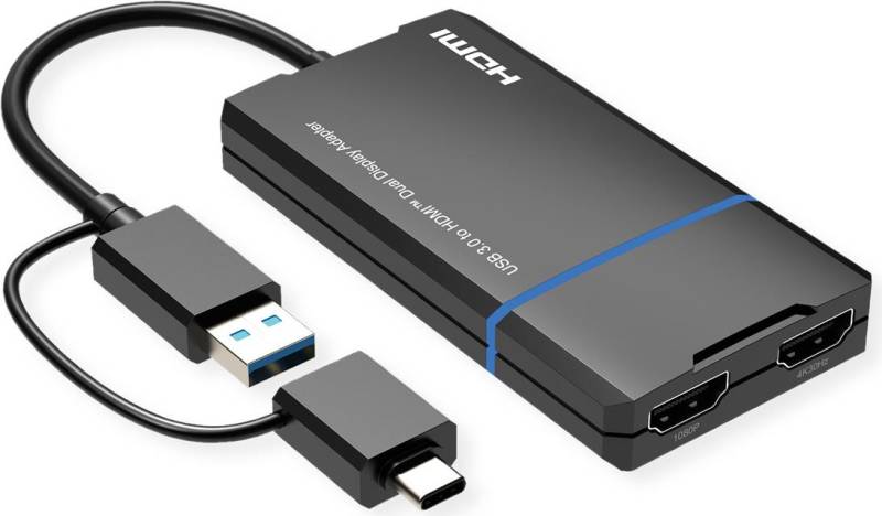 VALUE Display Adapter USB Typ A C - Dual HDMI 4K30+ 1080P ST/BU - Adapter - Digital/Daten (12.99.3206) von VALUE