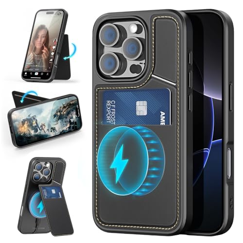VALUEAGLE Schutzhülle für iPhone 16 Pro Max, Kreditkartenetui mit bidirektionalem Ständer, integrierte RFID-blockierende Kartenfächer (Schwarz, For16 Pro Max 6,9 Zoll) von VALUEAGLE
