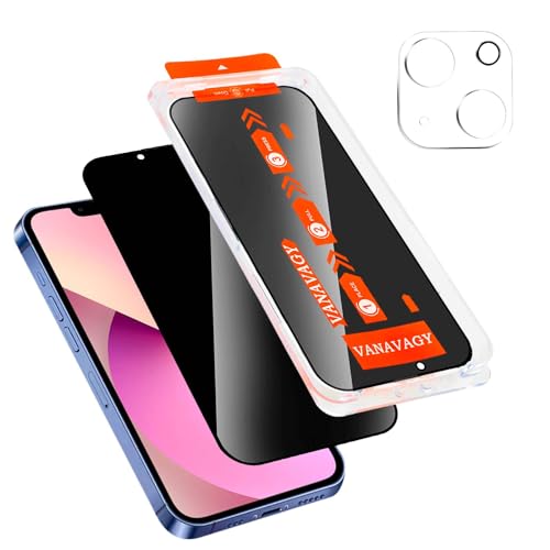 VANAVAGY 1 Pack Privacy Glass Screen Protector für iPhone 13, [1 Pack Camera Leans Protector] [Easy Installation] Plating Film mit Rahmen Full Coverage Case von VANAVAGY