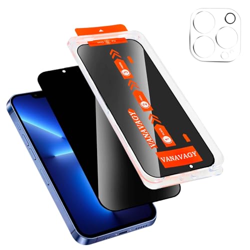 VANAVAGY 1 Pack Privacy Glass Screen Protector für iPhone 13 Pro, [1 Pack Camera Leans Protector] [Easy Installation] Plating Film mit Rahmen Full Coverage Case für Apple 24 von VANAVAGY