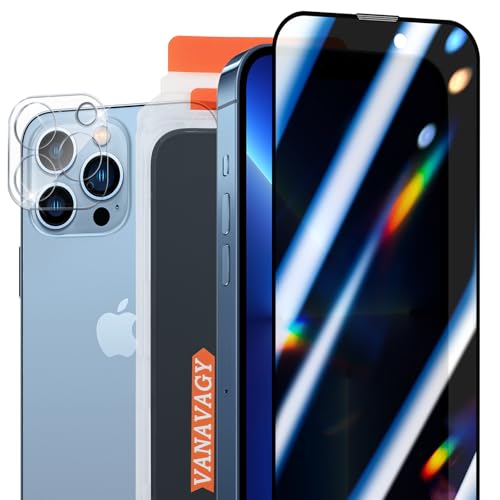 VANAVAGY 1 Pack Privacy Glass Screen Protector für iPhone 13 Pro max, [1 Pack Camera Leans Protector] [Easy Installation] Plating Film mit Rahmen Full Coverage Case von VANAVAGY