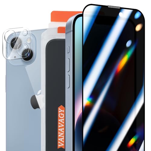 VANAVAGY 1 Pack Privacy Glass Screen Protector für iPhone 14, [1 Pack Camera Leans Protector] [Easy Installation] Plating Film mit Rahmen Full Coverage Case von VANAVAGY