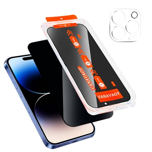 VANAVAGY 1 Pack Privacy Glass Screen Protector für iPhone 14 Pro max, [1 Pack Camera Leans Protector] [Easy Installation] Plating Film mit Rahmen Full Coverage Case für Apple 22 von VANAVAGY