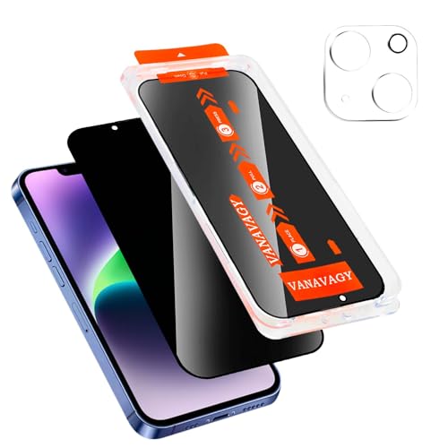 VANAVAGY 1 Pack Privacy Glass Screen Protector für iPhone 14 plus, [1 Pack Camera Leans Protector] [Easy Installation] Plating Film mit Rahmen Full Coverage Case für Apple 21 von VANAVAGY