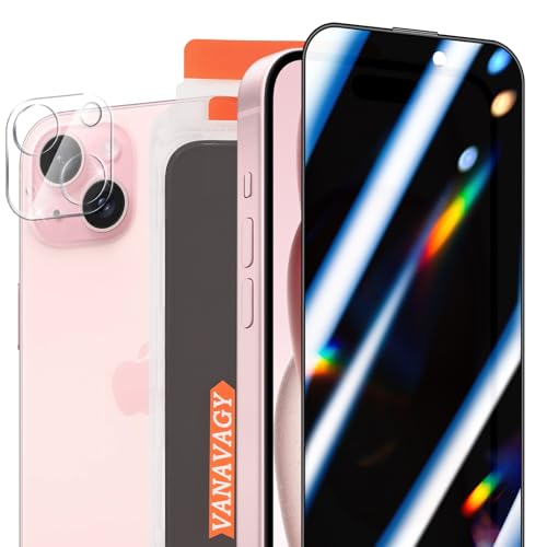 VANAVAGY 1 Pack Privacy Glass Screen Protector für iPhone 15, [1 Pack Camera Leans Protector] [Easy Installation] Plating Film mit Rahmen Full Coverage Case von VANAVAGY