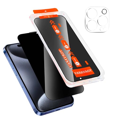 VANAVAGY 1 Pack Privacy Glass Screen Protector für iPhone 15 Pro, [1 Pack Camera Leans Protector] [Easy Installation] Plating Film mit Rahmen Full Coverage Case von VANAVAGY