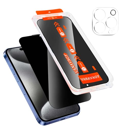 VANAVAGY 1 Pack Privacy Glass Screen Protector für iPhone 15 Pro max, [1 Pack Camera Leans Protector] [Easy Installation] Plating Film mit Rahmen Full Coverage Case von VANAVAGY
