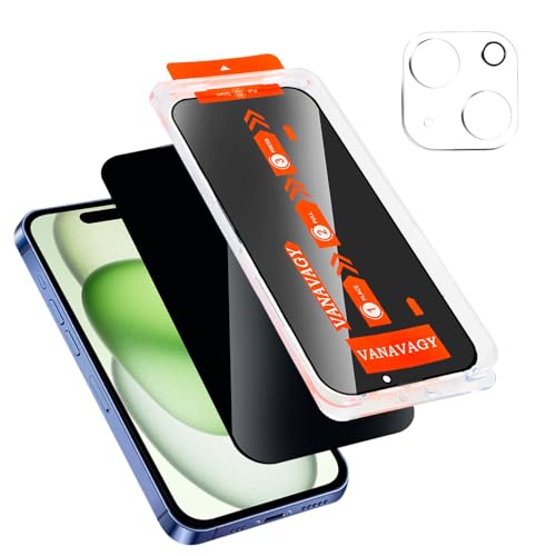 VANAVAGY 1 Pack Privacy Glass Screen Protector für iPhone 15 plus, [1 Pack Camera Leans Protector] [Easy Installation] Plating Film mit Rahmen Full Coverage Case von VANAVAGY