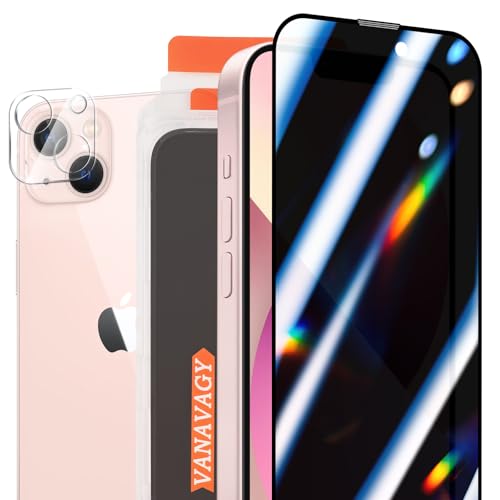 VANAVAGY 2 Pack Privacy Glass Screen Protector für iPhone 13, [2 Pack Camera Leans Protector] [Easy Installation] Plating Film mit Rahmen Full Coverage Case von VANAVAGY