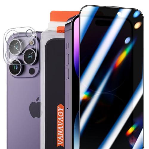 VANAVAGY 2 Pack Privacy Glass Screen Protector für iPhone 14 Pro, [2 Pack Camera Leans Protector] [Easy Installation] Plating Film mit Rahmen Full Coverage Case von VANAVAGY