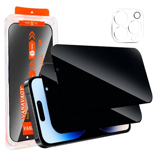 VANAVAGY 2 Pack Privacy Glass Screen Protector für iPhone 14 Pro max, [2 Pack Camera Leans Protector] [Easy Installation] Plating Film mit Rahmen Full Coverage Case von VANAVAGY