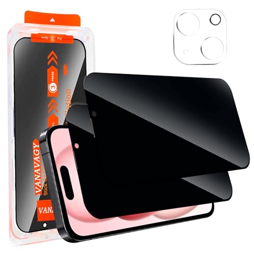VANAVAGY 2 Pack Privacy Glass Screen Protector für iPhone 15, [2 Pack Camera Leans Protector] [Easy Installation] Plating Film mit Rahmen Full Coverage Case von VANAVAGY