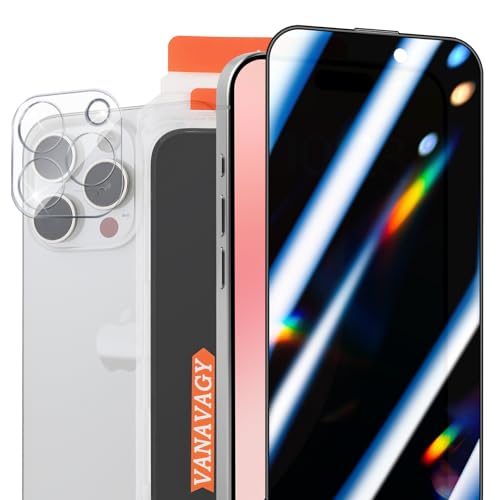VANAVAGY 2 Pack Privacy Glass Screen Protector für iPhone 15 Pro max, [2 Pack Camera Leans Protector] [Easy Installation] Plating Film mit Rahmen Full Coverage Case von VANAVAGY