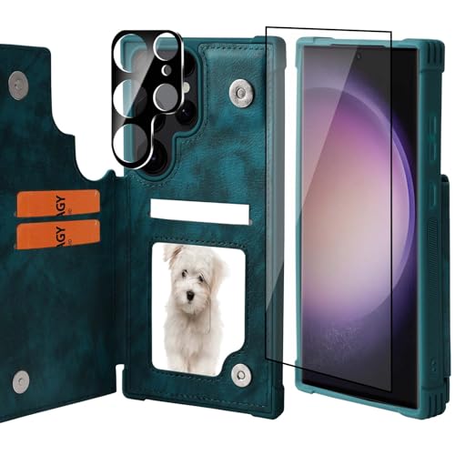VANAVAGY Galaxy S24 Ultra Geldbörse Fall für Frauen und Männer, Leder Flip Folio Telefon Abdeckung passt magnetische Autohalterung mit Kreditkarteninhaber,Mitternachtsgrün von VANAVAGY
