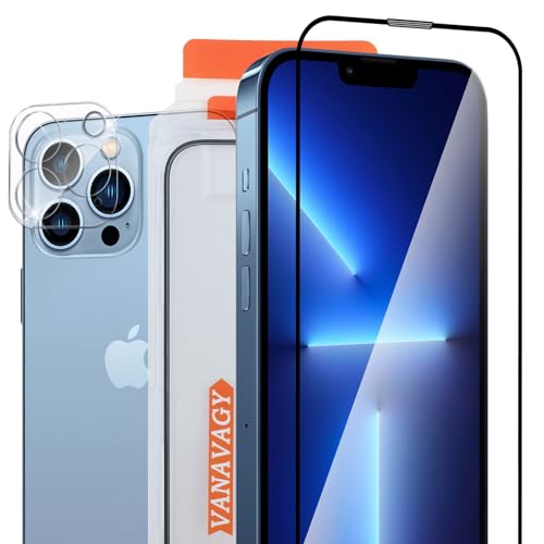 VANAVAGY Glass Screen Protector Kompatibel für iPhone 13 pro 6.1 Zoll [2 Pack][Kratzfest], Kamera Leans Protector enthalten, Film mit Rahmen Full Coverage Case für eine einfache Installation von VANAVAGY