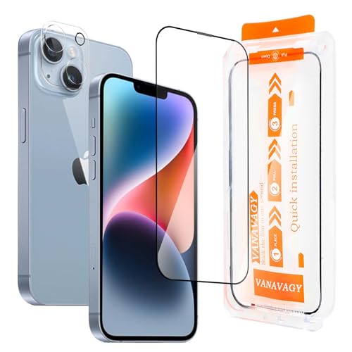 VANAVAGY Glass Screen Protector Kompatibel für iPhone 14 6.1 Zoll [1 Pack][Kratzfest], Kamera Leans Protector enthalten, Film mit Rahmen Full Coverage Case für einfache Installation von VANAVAGY