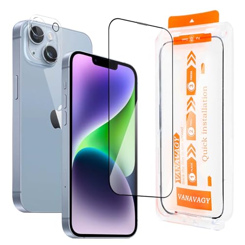 VANAVAGY Glass Screen Protector Kompatibel für iPhone 14 plus 6.7 Zoll [1 Pack][Kratzfest], Kamera Leans Protector enthalten, Film mit Rahmen Full Coverage Case für eine einfache Installation von VANAVAGY