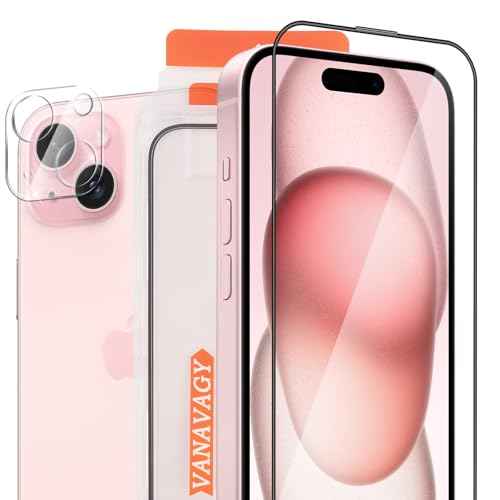 VANAVAGY Glass Screen Protector Kompatibel für iPhone 15 6.1 Zoll [2 Pack][Kratzfest], Kamera Leans Protector enthalten, Film mit Rahmen Full Coverage Case für einfache Installation von VANAVAGY