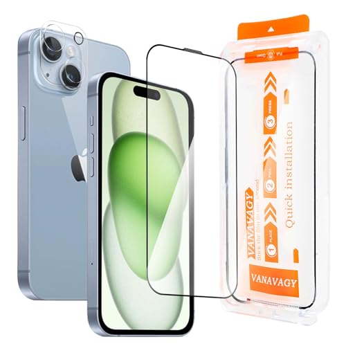 VANAVAGY Glass Screen Protector Kompatibel für iPhone 15 plus 6.7 Zoll [1 Pack][Kratzfest], Kamera Leans Protector enthalten, Film mit Rahmen Full Coverage Case für eine einfache Installation von VANAVAGY