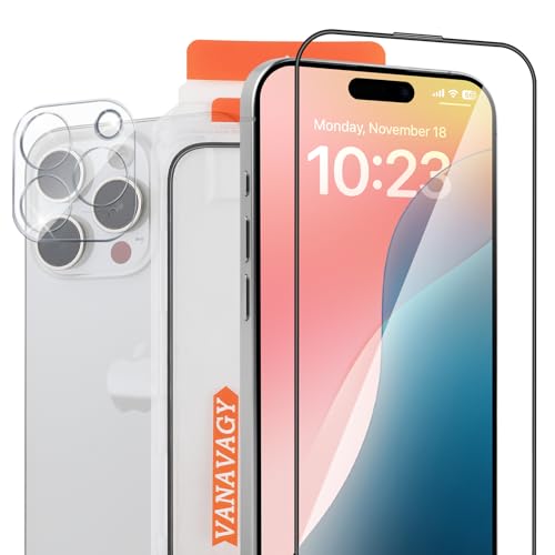 VANAVAGY Glass Screen Protector Kompatibel für iPhone 15 pro 6.1 Zoll [2 Pack][Kratzfest], Kamera Leans Protector enthalten, Film mit Rahmen Full Coverage Case für eine einfache Installation von VANAVAGY