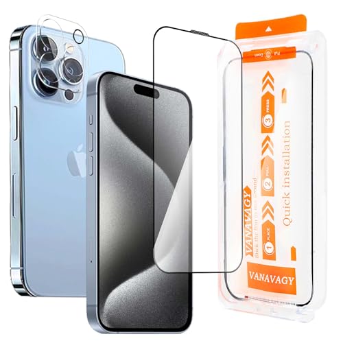 VANAVAGY Glass Screen Protector Kompatibel für iPhone 15 pro max 6.7 Zoll [1 Pack][Kratzfest], Kamera Leans Protector enthalten, Film mit Rahmen Full Coverage Case für eine einfache Installation von VANAVAGY