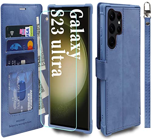 VANAVAGY Handyhülle für Galaxy S23 Ultra 5G,Premium Leder Stoßfeste Klapphülle Mit Kabelloses Laden und RFID Blocking für Galaxy S23 Ultra 5G(6,8 Zoll),Blau von VANAVAGY