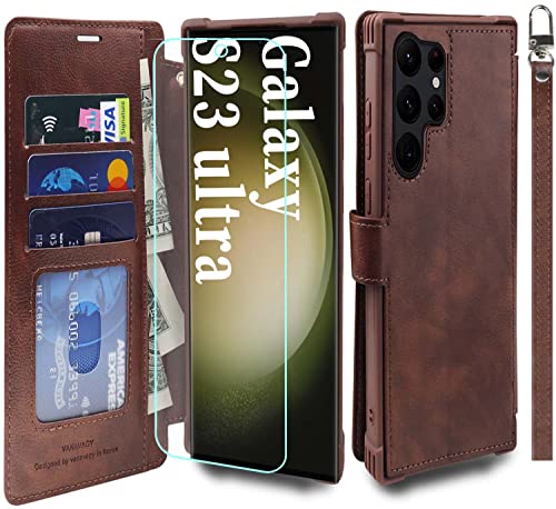 VANAVAGY Handyhülle für Galaxy S23 Ultra 5G,Premium Leder Stoßfeste Klapphülle Mit Kabelloses Laden und RFID Blocking für Galaxy S23 Ultra 5G(6,8 Zoll),Braun von VANAVAGY