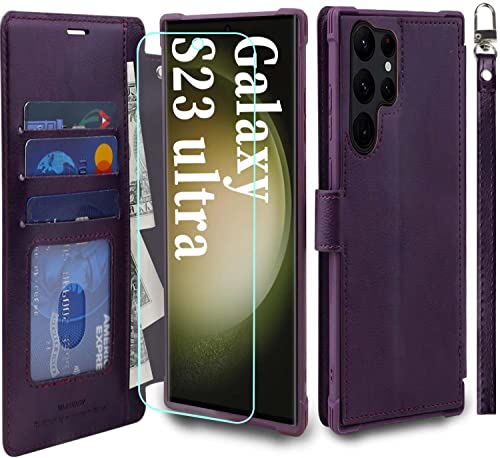 VANAVAGY Handyhülle für Galaxy S23 Ultra 5G,Premium Leder Stoßfeste Klapphülle Mit Kabelloses Laden und RFID Blocking für Galaxy S23 Ultra 5G(6,8 Zoll),Lila von VANAVAGY