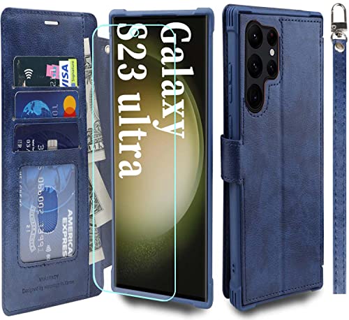 VANAVAGY Handyhülle für Galaxy S23 Ultra 5G,Premium Leder Stoßfeste Klapphülle Mit Kabelloses Laden und RFID Blocking für Galaxy S23 Ultra 5G(6,8 Zoll),Marineblau von VANAVAGY