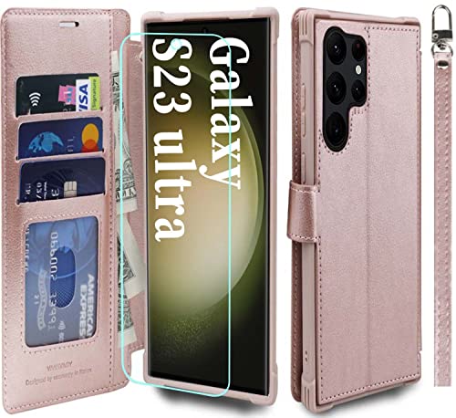 VANAVAGY Handyhülle für Galaxy S23 Ultra 5G,Premium Leder Stoßfeste Klapphülle Mit Kabelloses Laden und RFID Blocking für Galaxy S23 Ultra 5G(6,8 Zoll),Roségold von VANAVAGY