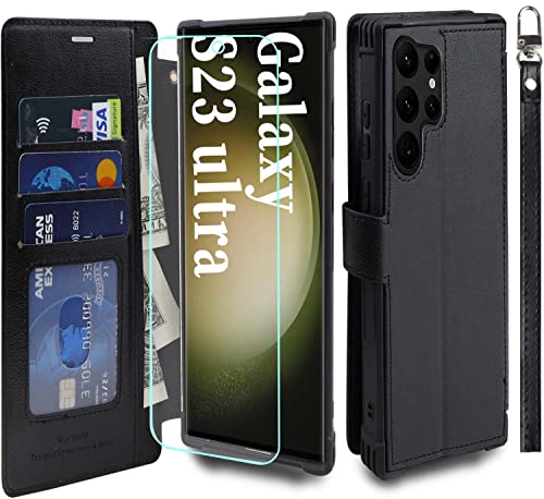 VANAVAGY Handyhülle für Galaxy S23 Ultra 5G,Premium Leder Stoßfeste Klapphülle Mit Kabelloses Laden und RFID Blocking für Galaxy S23 Ultra 5G(6,8 Zoll),Schwarz von VANAVAGY