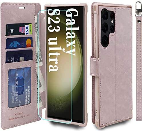 VANAVAGY Handyhülle für Galaxy S23 Ultra 5G,Premium Leder Stoßfeste Klapphülle Mit Kabelloses Laden und RFID Blocking für Galaxy S23 Ultra 5G(6,8 Zoll),rosa von VANAVAGY