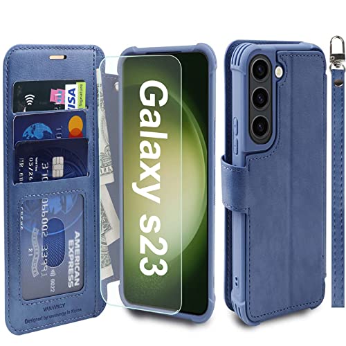 VANAVAGY Handyhülle für Samaung Galaxy S23 5G,Premium Leder Stoßfeste Klapphülle Mit Kabelloses Laden und RFID Blocking für Galaxy S23 5G(6.1 Zoll),Blau von VANAVAGY