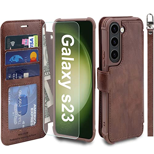 VANAVAGY Handyhülle für Samaung Galaxy S23 5G,Premium Leder Stoßfeste Klapphülle Mit Kabelloses Laden und RFID Blocking für Galaxy S23 5G(6.1 Zoll),Braun von VANAVAGY