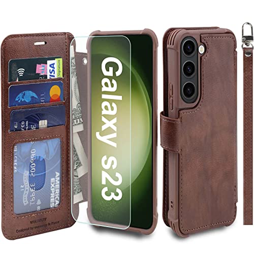 VANAVAGY Handyhülle für Samaung Galaxy S23 5G,Premium Leder Stoßfeste Klapphülle Mit Kabelloses Laden und RFID Blocking für Galaxy S23 5G(6.1 Zoll),Braun von VANAVAGY