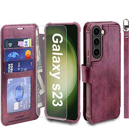 VANAVAGY Handyhülle für Samaung Galaxy S23 5G,Premium Leder Stoßfeste Klapphülle Mit Kabelloses Laden und RFID Blocking für Galaxy S23 5G(6.1 Zoll),Burgundisch von VANAVAGY